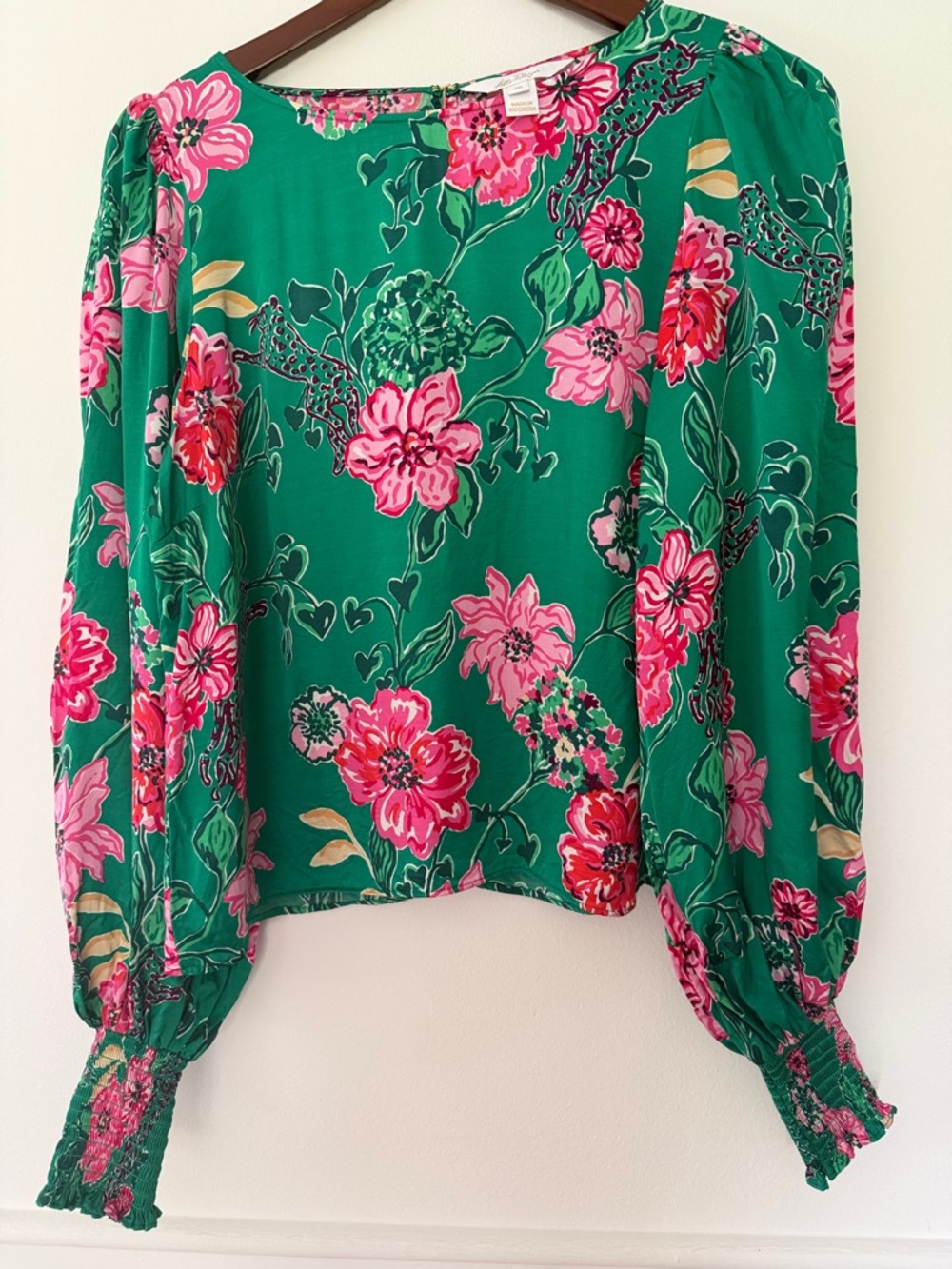 Lilli Pulitzer Floral Puff-Sleeve Blouse - Green with Pink Flowers Sz 10
